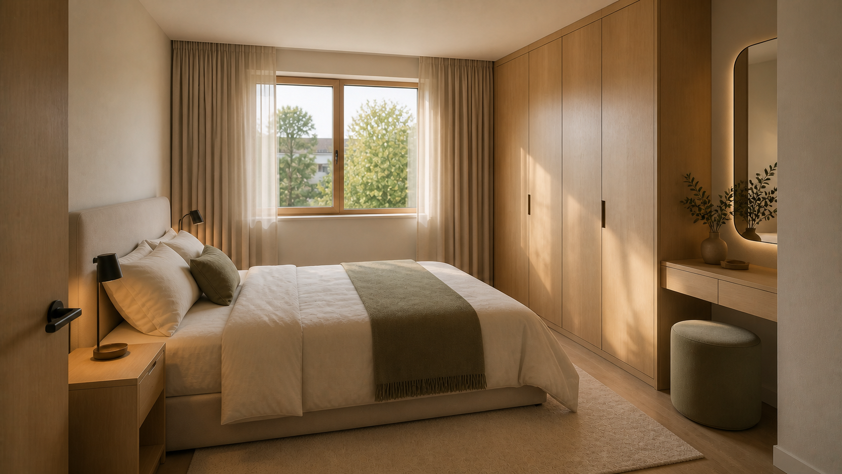 Concept study of a calm main bedroom and dressing area