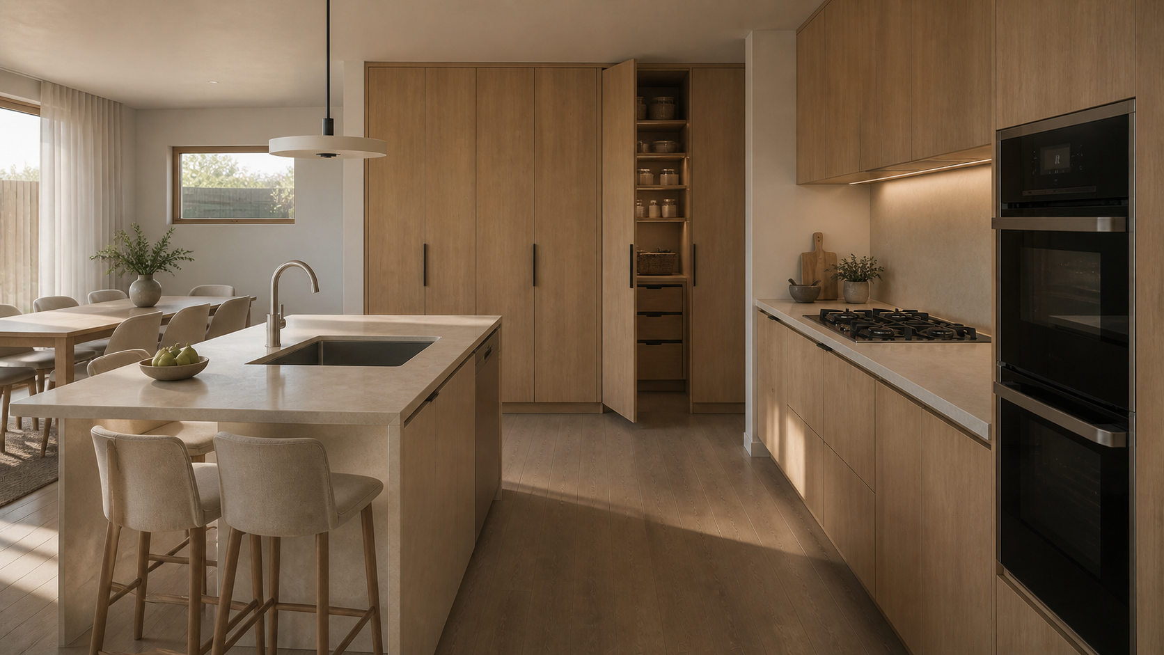 Concept study of a practical kitchen with island and storage